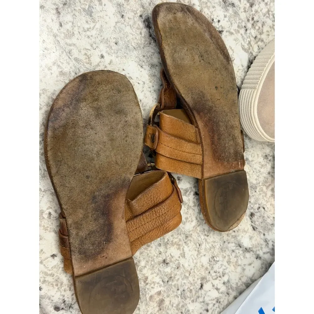 Tory Burch Miller Sandals Size 8.5 Brown Leather Logo Thong Sandals Leather - Picture 2 of 5